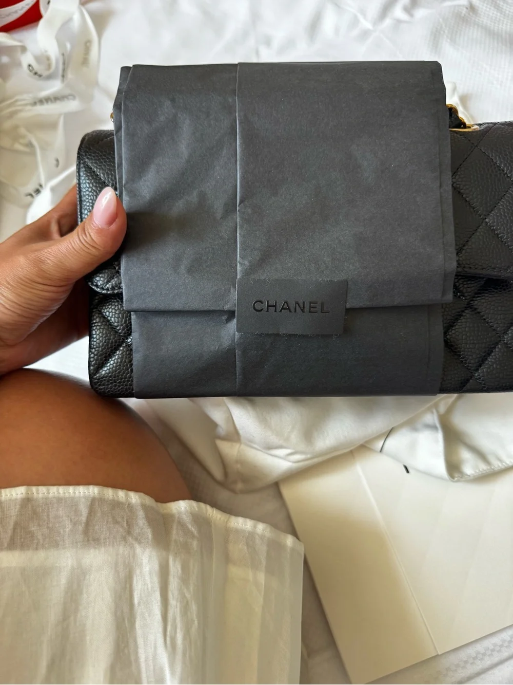 CHANEL Black Quilted Caviar Leather Shoulder Bag with Gold Hardware